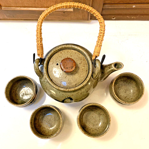 Vintage OMC Japan Tea Set Art Pottery Teapot & 4 Cups Stoneware Floral 70s Decor - Picture 6 of 12